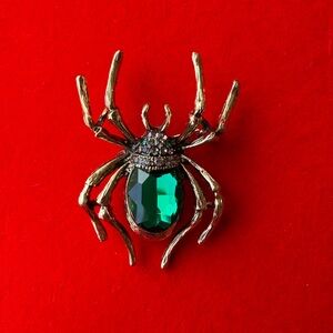 Gold Spider Brooch with Green Gem